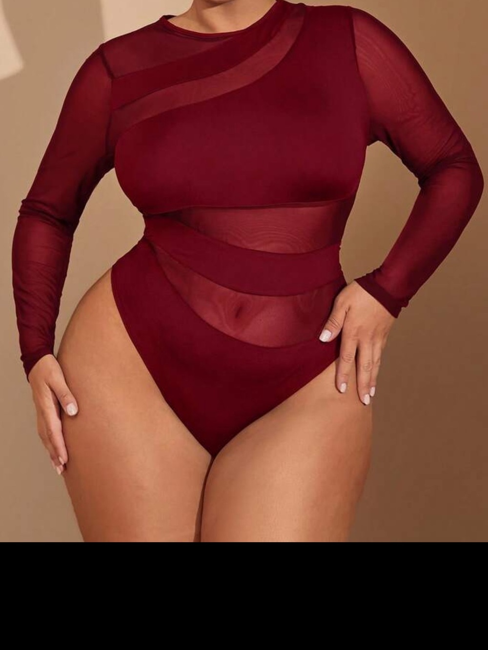 SHEIN BAE 1X Burgundy Mesh Asymmetric Long Sleeve Bodysuit
